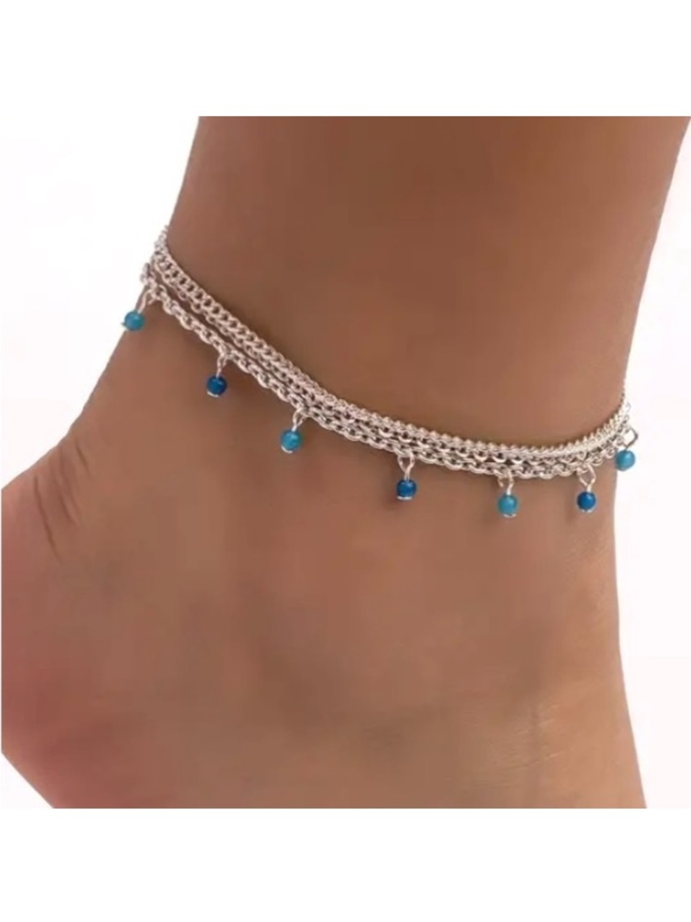 Blue Bead Triple Layer Silver Toned Anklet
